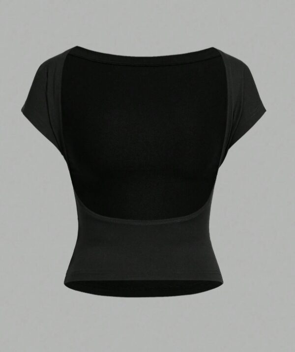 Women Simple Casual Backless Round Neck Short Sleeve Cropped T-Shirts, Summer Pullover - Image 3