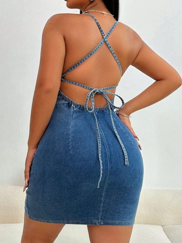 SEXY Women's Fashionable Sexy Backless Spaghetti Strap Fitted Mini Denim Dress - Image 2