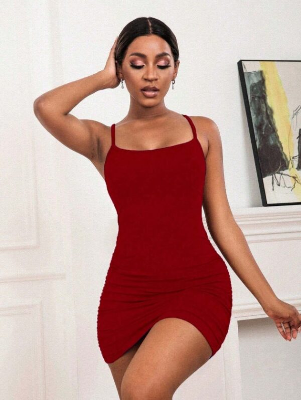 Solid Color Ruched Bodycon Criss-Cross Lace-Up Backless Romper, Suitable For Summer & Valentine's Day - Image 3