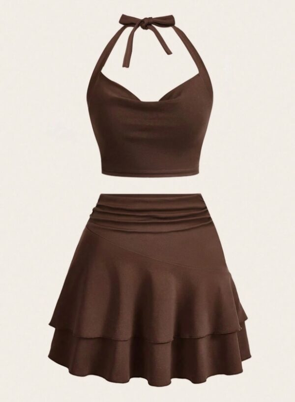 Brown Draped Neck Back Tie Crop Top And Double Layers Ruffle Hem Tennis Mini Skirt Set Y2K Outfit - Image 4