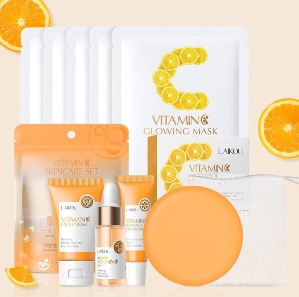 LAIKOU Skincare Set, Vitamin C Face Care Sets & Kits, Face Cream,Serum,Eye Cream,Handmade Soap & Sheet Masks, Hydrating, Brightening & Anti Aging for Radiant Skin Gift Set for Women Teenage Girls 9pcs