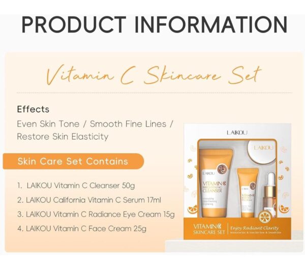 LAIKOU Skincare Set, Vitamin C Serum for Face Skin Care Sets & kits - Cleanser, Serum, Eye Cream & Face Cream, Pamper Gift Sets for Women Teenage Girls, Facial Care Kit for Radiant Skin 4pcs - Image 4