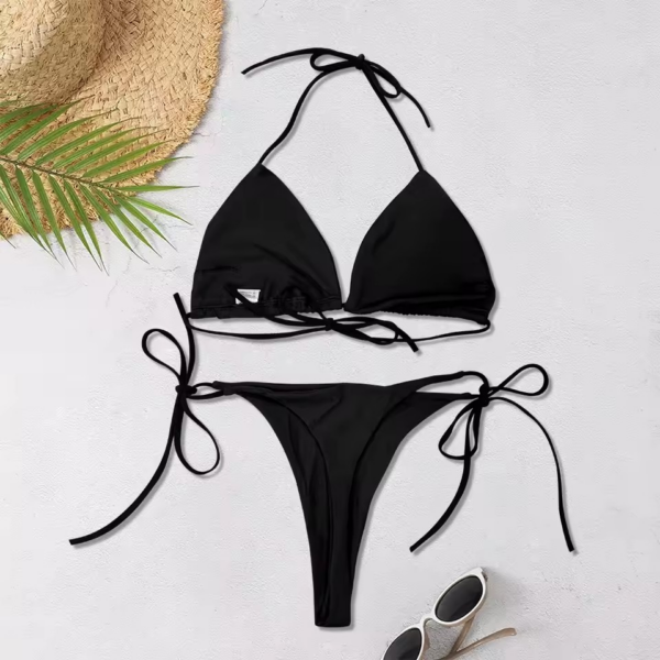 New Women's Solid-color Separate Beach Wear Sexy Halter Three-point Bikini Backless Adjustable Lace-up Swimsuit - Image 3