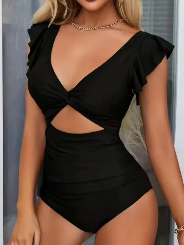 Contrast Mesh One Piece Swimsuit, V Neck Solid Color Backless Tummy Control High Cut Bathing Suit, Women's Swimwear & Clothing